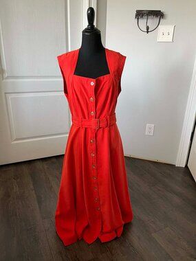 Calvin Klein Sleeveless Orange Rust Midi Shirt Dress Button Down Front size 10